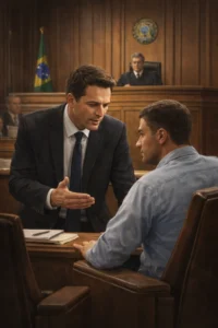 Advogado orientando acusado durante julgamento no Tribunal do Júri no Brasil