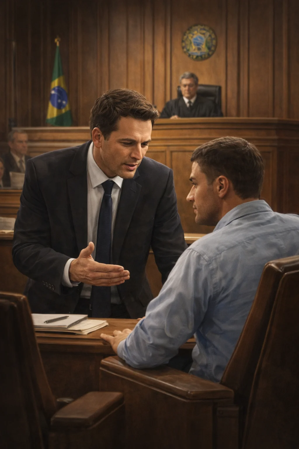 Advogado orientando acusado durante julgamento no Tribunal do Júri no Brasil