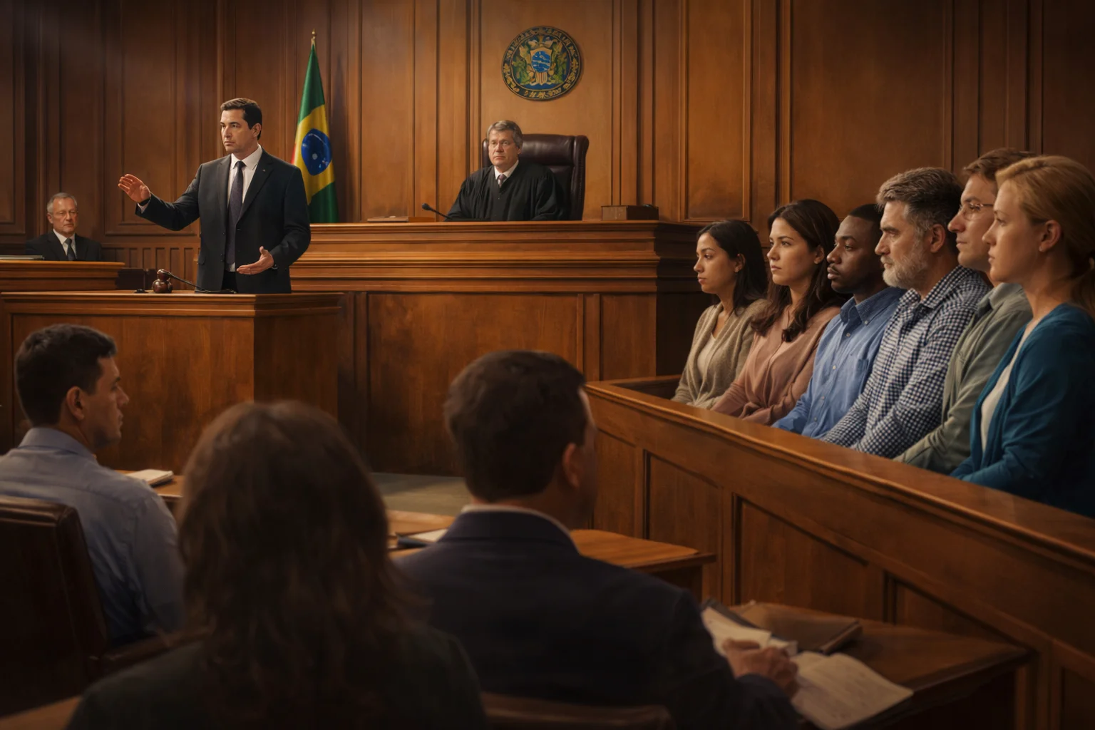 Tribunal do Júri em julgamento no Brasil com jurados, juiz e advogados em plenário