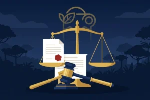 Ilustração sobre embargo ambiental do IBAMA com balança da justiça, documento com selo oficial e silhueta da floresta amazônica ao fundo