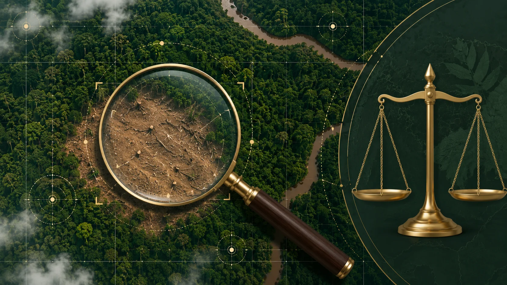 Desmatamento ilegal no Pará com vista aérea de área desmatada, sobreposição de imagem de satélite e balança da justiça