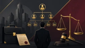 Crimes empresariais e responsabilidade do sócio com silhueta de arranha-céu corporativo, organograma societário, maleta executiva e balança da justiça