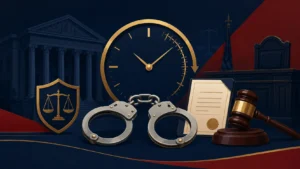 Prisão em flagrante e audiência de custódia com relógio marcando 24 horas, algemas, silhueta de tribunal e balança da justiça